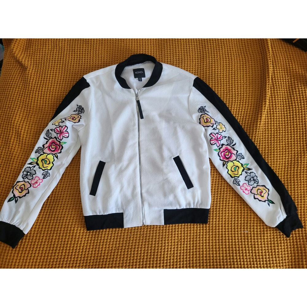 XOXO Vintage Lightweight Black White Colorful Floral Embroidered Bomber Jacket